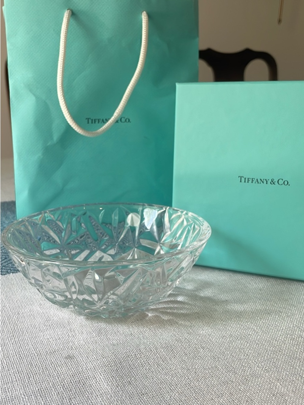 Tiffany & Co. Clear Crystal Cut Glass Bowl with Tiffany Blue Packaging